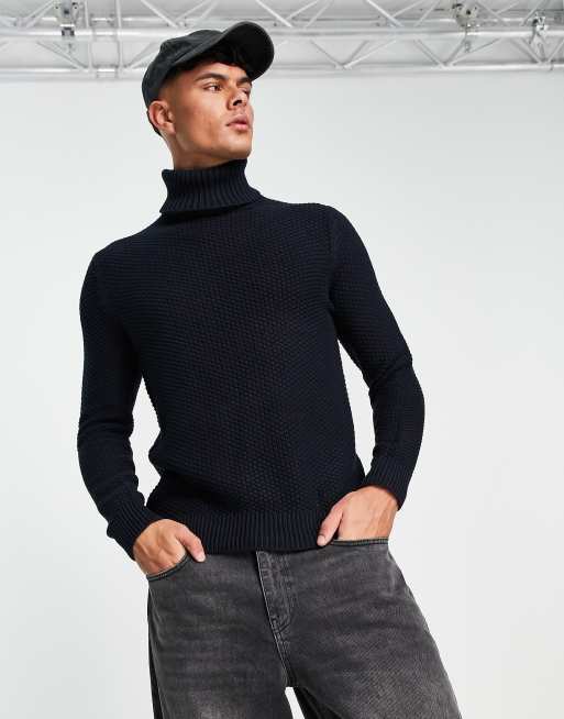 Only & Sons textured roll neck knitted jumper in navy | ASOS