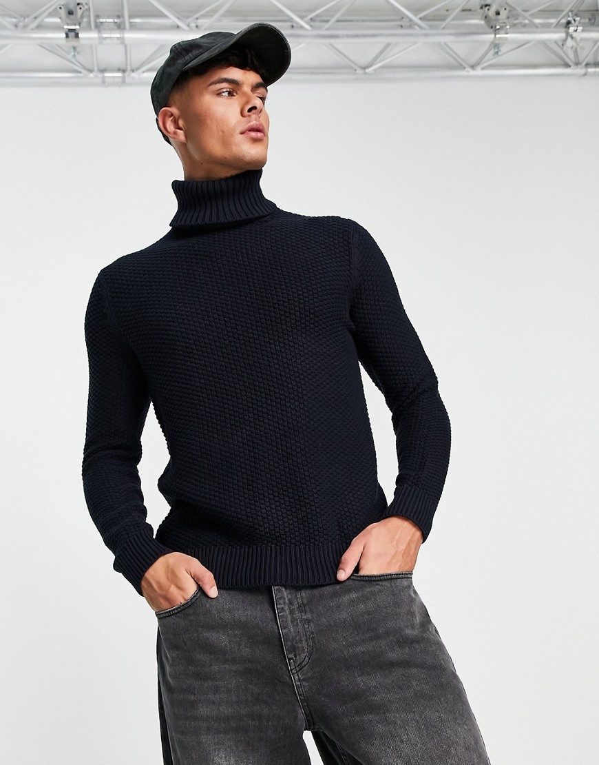 Only & Sons Textured Roll Neck Knitted Sweater In Navy In Black