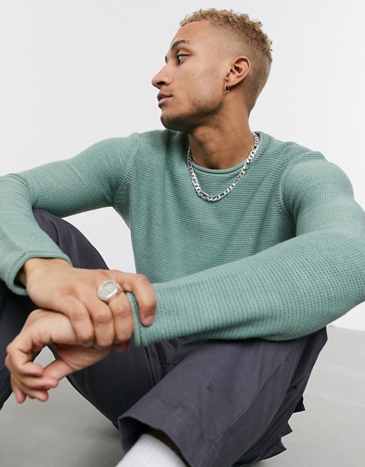 Only & Sons textured rolled hem knitted jumper in mint green