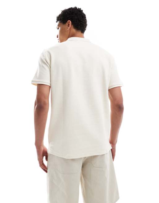 ONLY & SONS textured short sleeve polo shirt in cream , 3 of 4