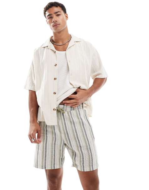 ONLY & SONS tie waist shorts in cream and sage stripe - view 1