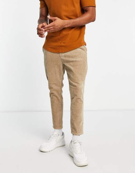 Only & Sons - Toelopende cropped broek van corduroy met elastische taille in beige, 4 van 4