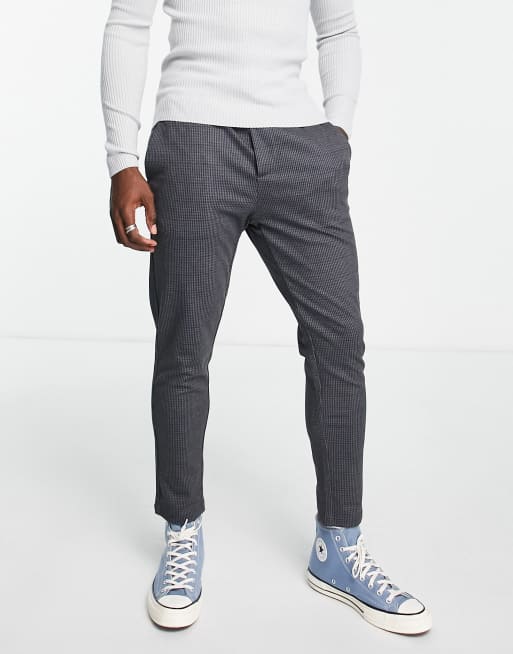 Only & Sons - Toelopende geruite cropped broek met elastische taille in donker marineblauw