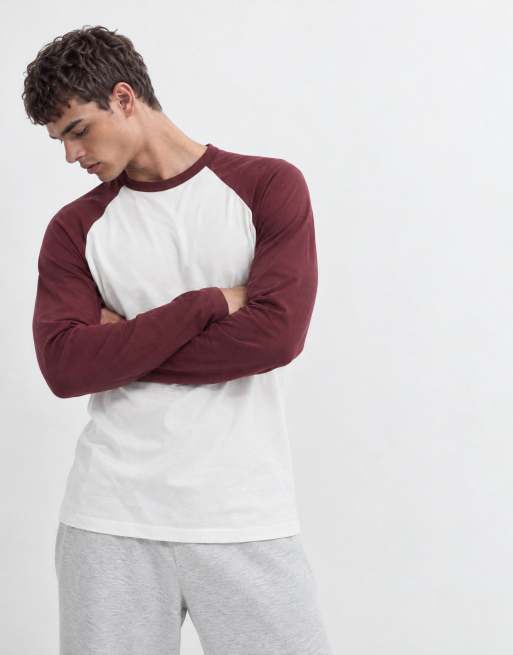 ONLY & SONS top de manga larga raglán bicolor en blanco y burdeos, 9 de 10