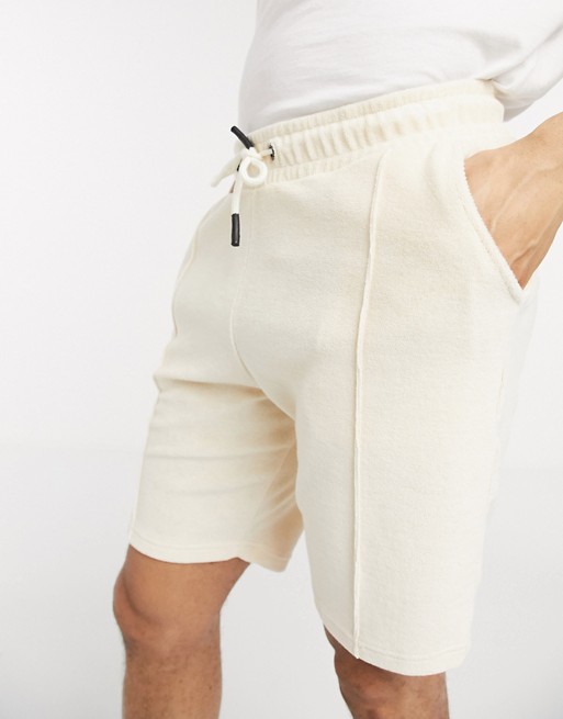 Only & Sons co-ord towelling short with front pleat in beige Exclusive at ASOS