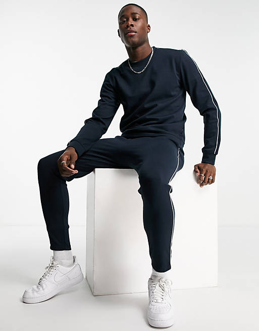 Only & Sons tracksuit with crew neck sweat and piping in navy | ASOS