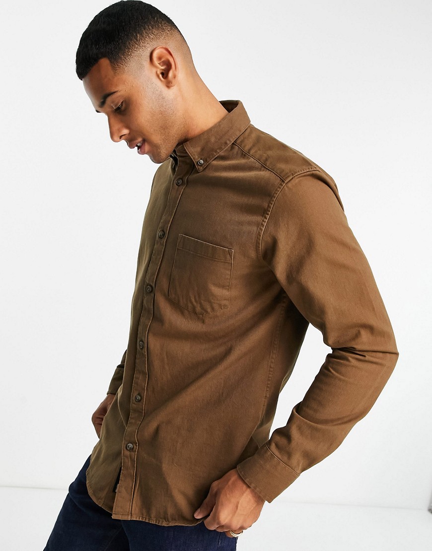 Only & Sons twill shirt with button down collar in tan-Brown