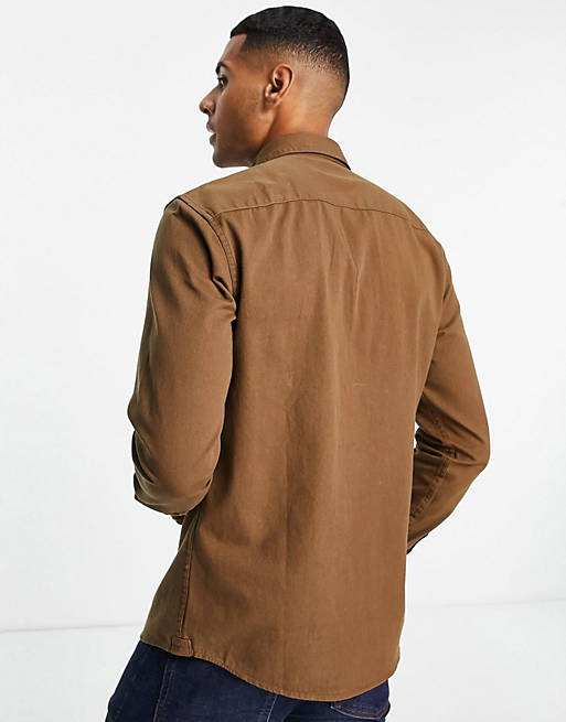 Men Only & Sons twill shirt with button down collar in tan 