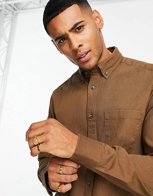 Men Only & Sons twill shirt with button down collar in tan 