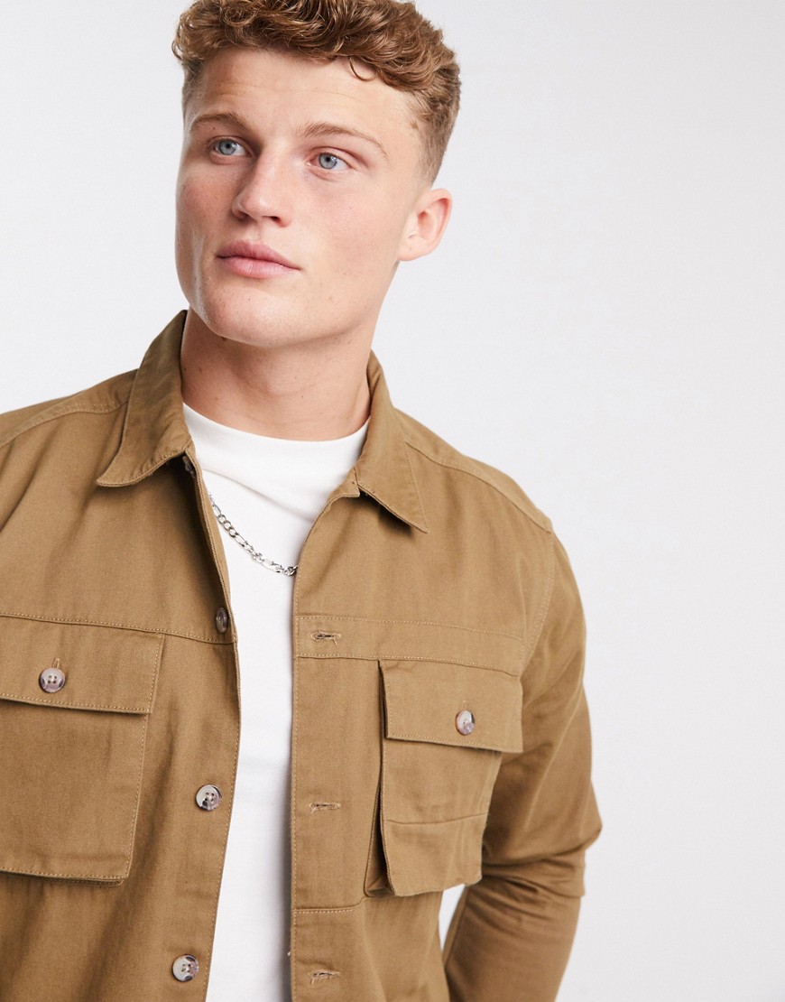 Only & Sons utility overshirt in tan-Neutral