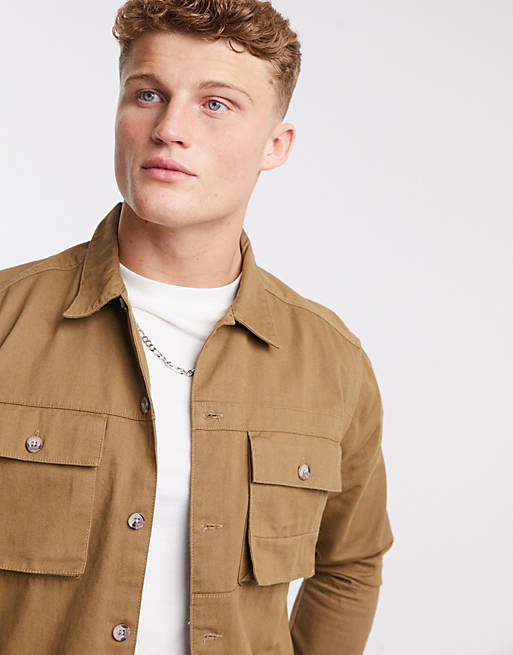 Only & Sons utility overshirt in tan | ASOS
