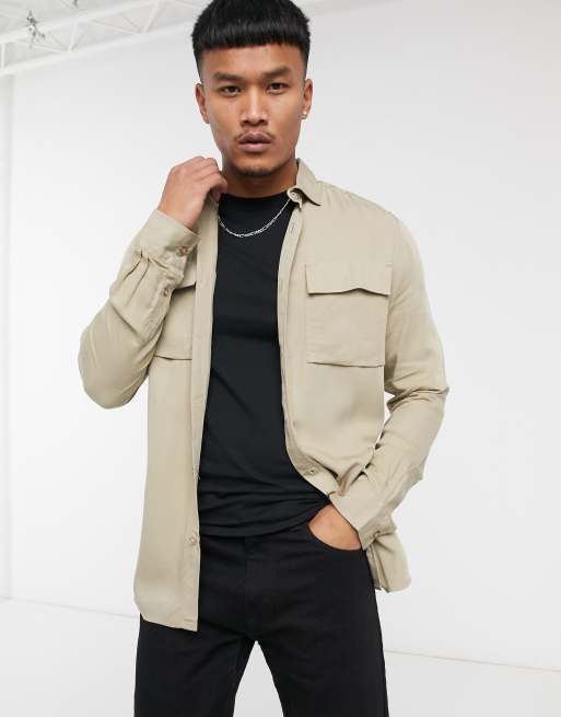 only & sons utility overshirt in beige