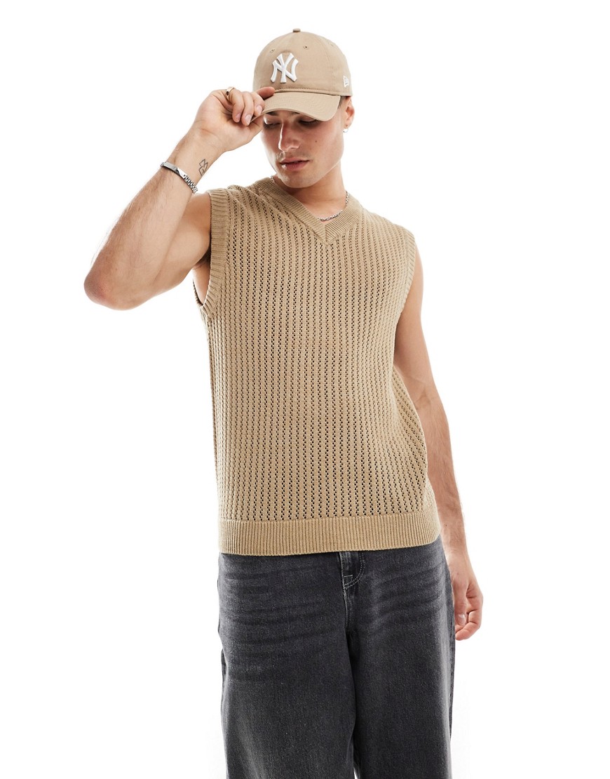 v neck open knit vest in beige-Neutral
