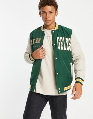 Only & Sons varsity bomber jacket in green - ASOS Price Checker