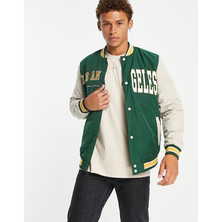 Muubaa Plain Varsity Leather Bomber Jacket-Green - ASOS Outlet