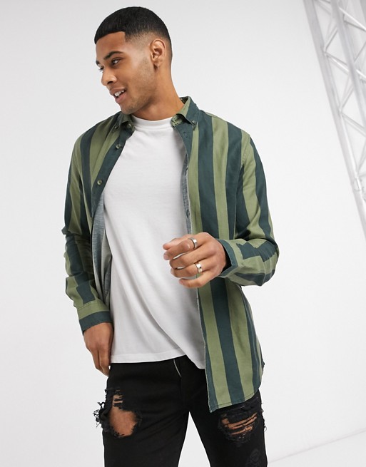 Only & Sons vertical stripe shirt in green & navy