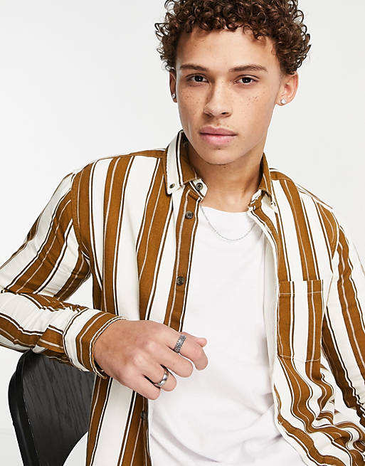 Men Only & Sons vertical stripe shirt in tan & beige 