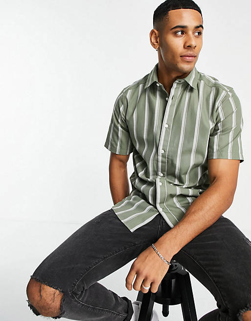 Only & Sons vertical stripe shirt with short sleeves in green
