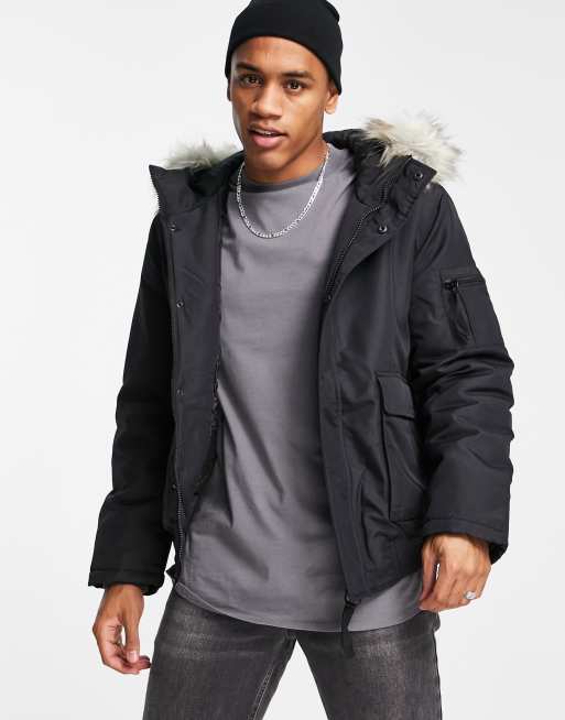Only & Sons - Veste courte matelassée avec capuche en fausse fourrure - Noir