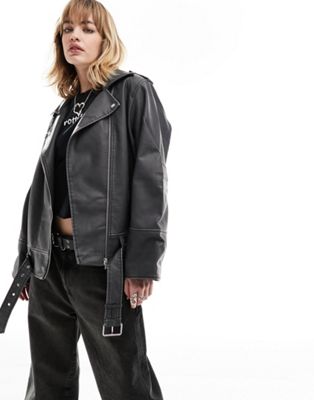 Only faux leather oversized jacket in washed black - ASOS Price Checker