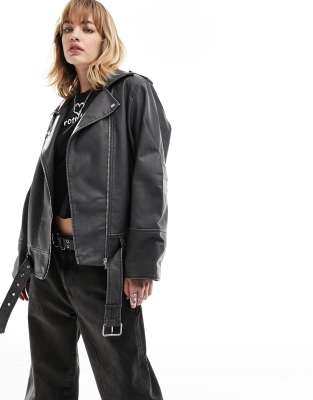 Veste Femme Similicuir Délavé Court Style Motard | Coupe Ajustée, Fermeture éclair Asymétrique - Printemps/Automne