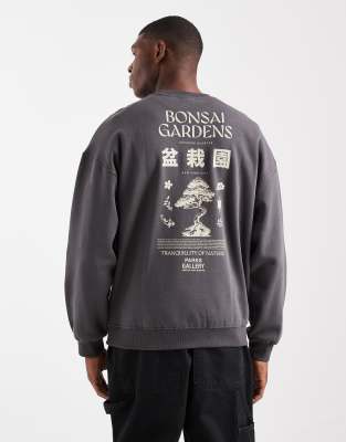 Only & Sons Vintage Fit Sweat With Bonsai Back Print In Gray