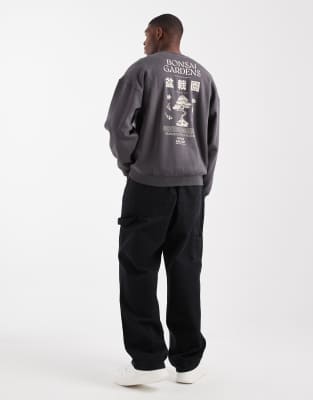 Only & Sons Vintage Fit Sweat With Bonsai Back Print In Gray