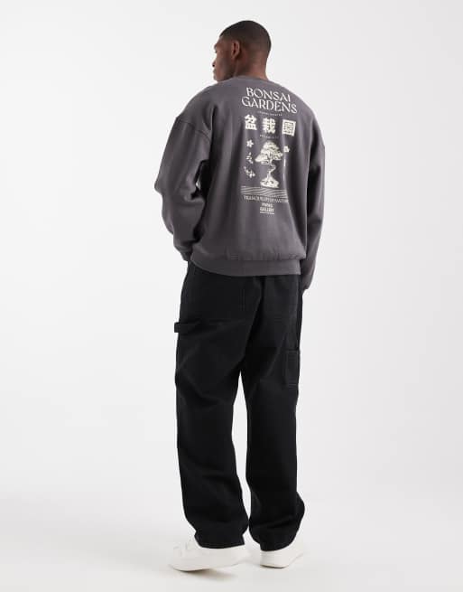 ONLY & SONS vintage fit sweat with bonsai back print in charcoal, 2 of 5