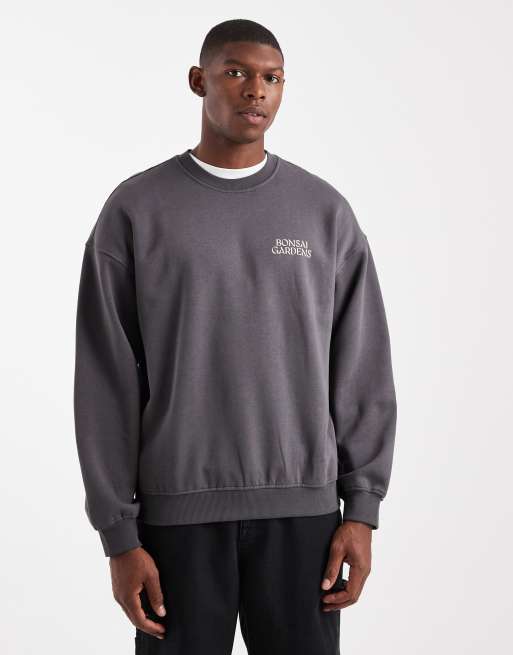 ONLY & SONS vintage fit sweat with bonsai back print in charcoal, 3 of 5