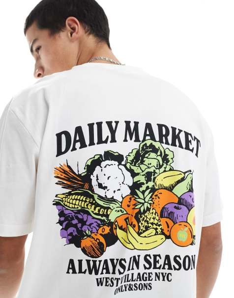 ONLY & SONS – Vit, avslappnad t-shirt med textur och Daily Market-tryck baktill - view 1