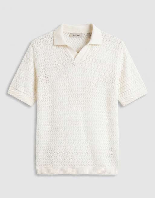 ONLY & SONS – Vit, hålstickad pikétröja med slitskrage, 6 av 9