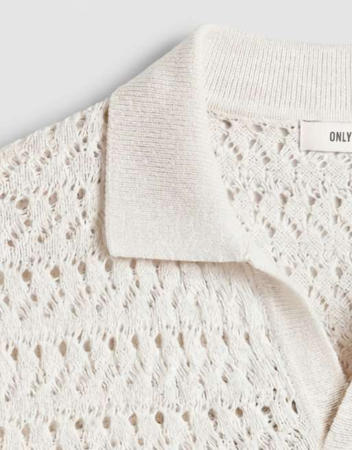 ONLY & SONS – Vit, hålstickad pikétröja med slitskrage, 8 av 9