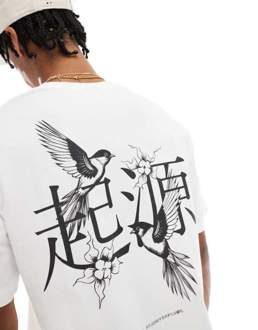 ONLY & SONS – Vit t-shirt i oversize med fågeltryck baktill, 4 av 4