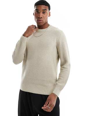 waffle crew neck sweater in beige-White