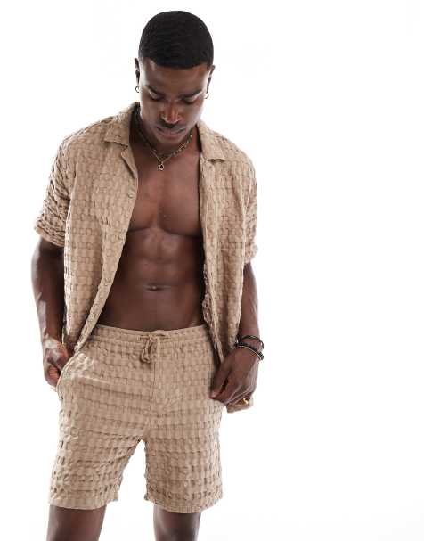 ONLY & SONS waffle shorts co-ord in beige - view 1