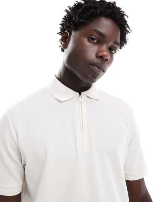 Only & Sons Waffle Texture 1/4 Zip Polo In Off White