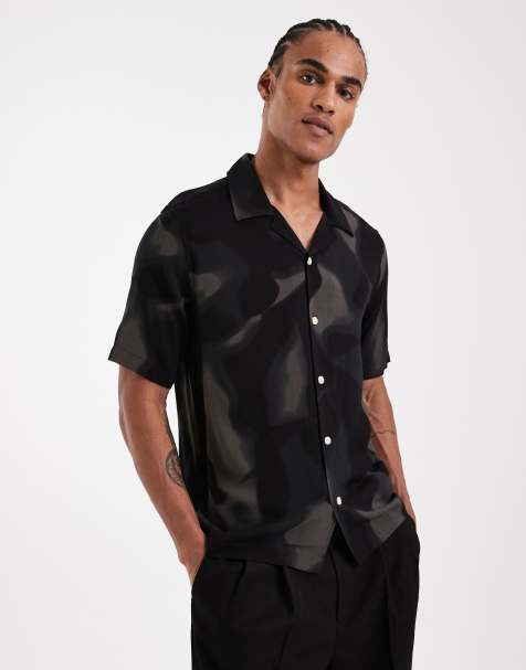 ONLY & SONS washed print camp collar shirt in black - view 1