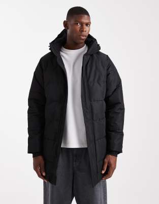 SONS - Wasserdichter Longline-Puffermantel in Schwarz mit Kapuze Schwarz 2XL