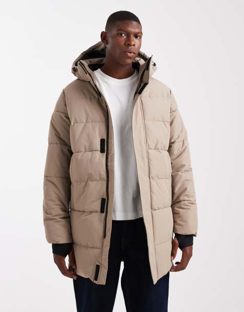 ONLY & SONS – Wasserfester Longline-Puffermantel in Beige mit Kapuze - view 1