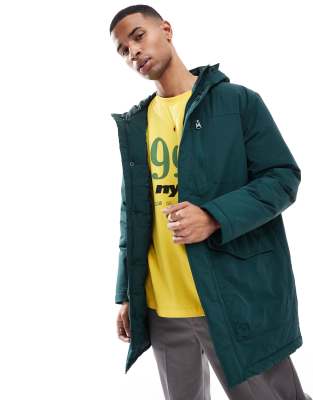 water repellent hooded parka in dark green