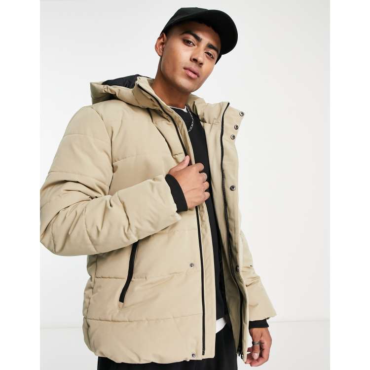 Only & Sons waterproof heavyweight puffer with hood in beige