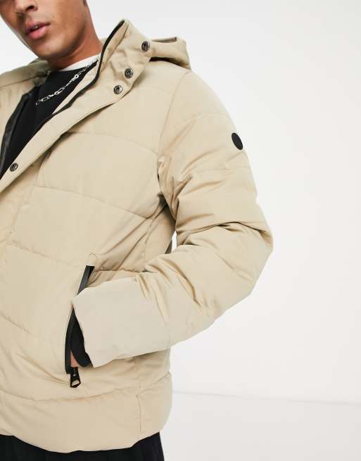 Only & Sons waterproof heavyweight puffer with hood in beige