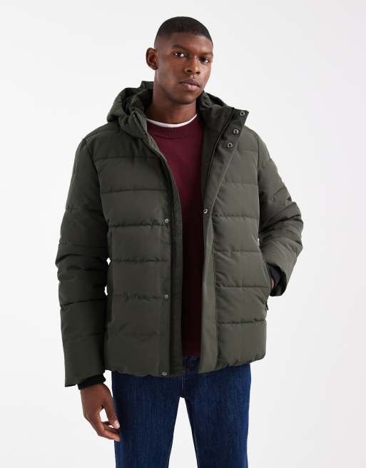 ONLY & SONS waterproof hooded puffer jacket in dark gray brown