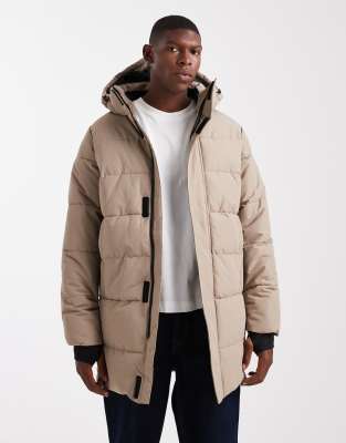 Only & Sons Waterproof Longline Puffer Coat With Hood In Neutral