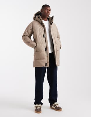 Only & Sons Waterproof Longline Puffer Coat With Hood In Neutral