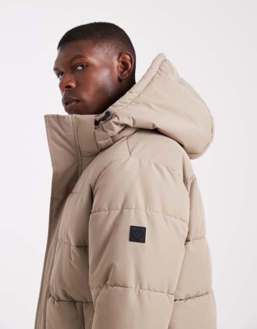 ONLY & SONS waterproof longline puffer coat with hood in beige, 4 of 5