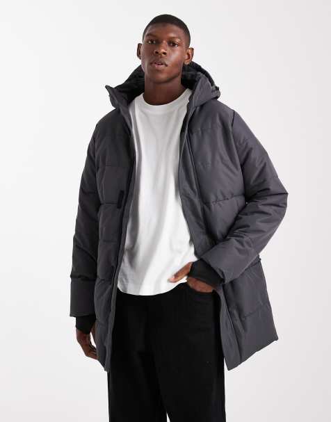 ONLY & SONS waterproof longline puffer coat with hood in grey - view 1