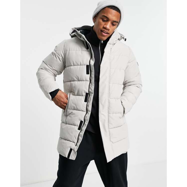 Only & Sons waterproof longline puffer coat with hood in light gray