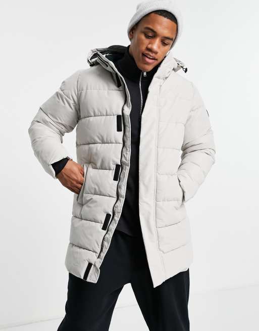 Only & Sons waterproof longline puffer coat with hood in light gray | ASOS