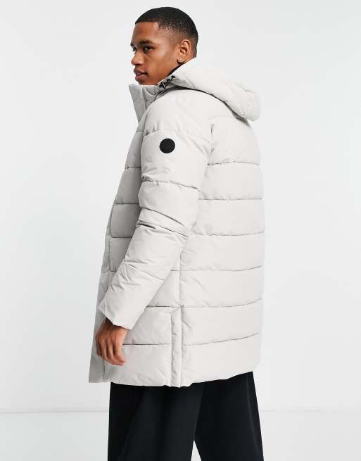 Only Sons waterproof longline puffer coat with hood in light gray